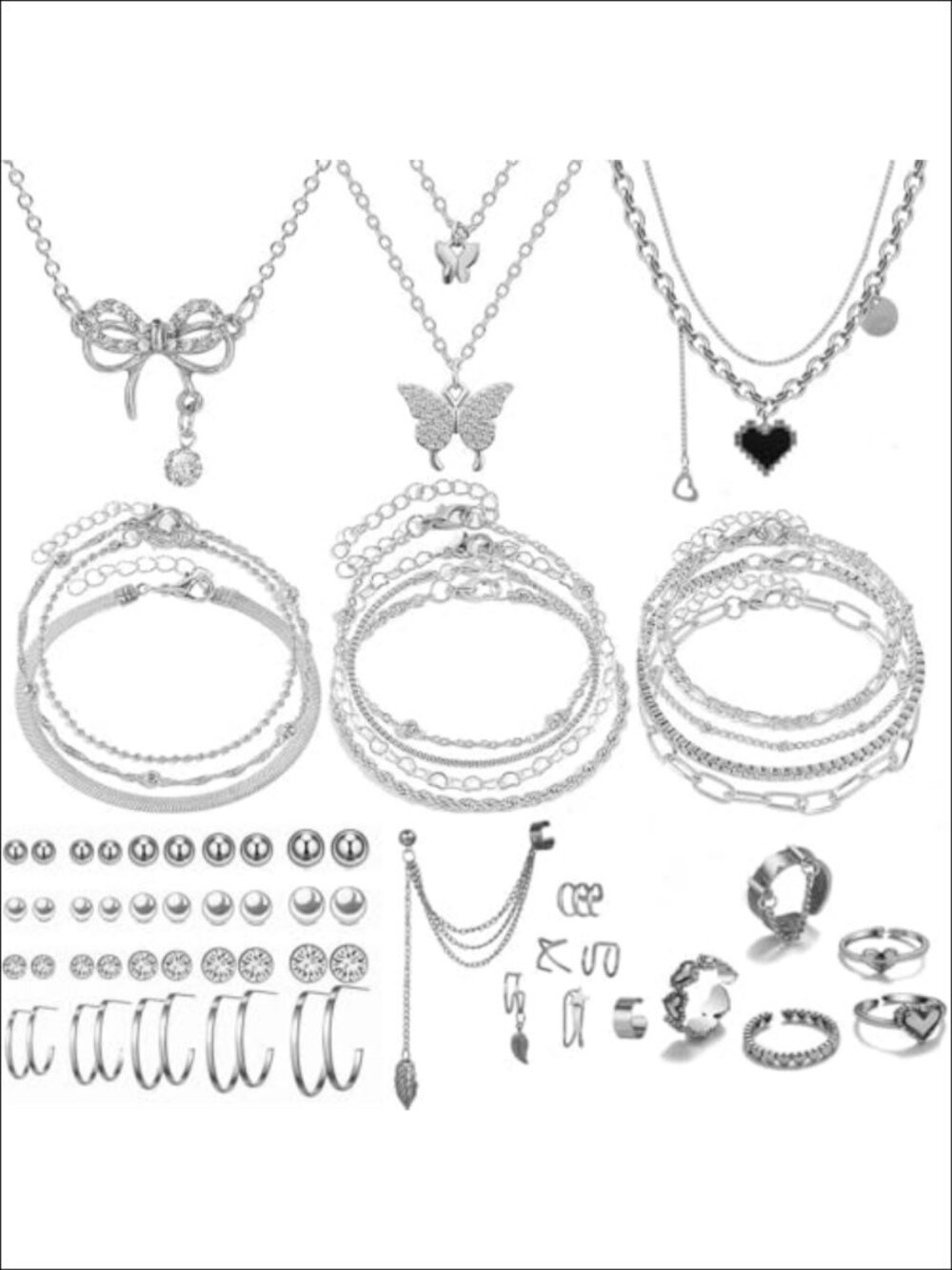 47pc Gold Tone Alloy Jewelry Set Necklaces Bracelets Earrings Rings Adjustable